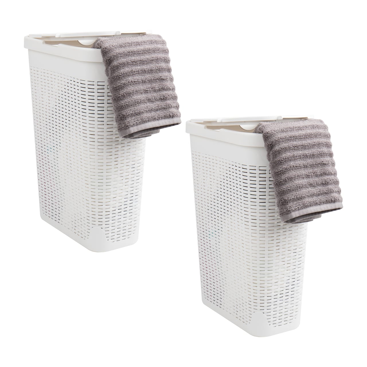 Mind Reader 40L Ventilated Slim Laundry Hamper with Cut Out Handles & Attached Hinged Lid, 2ct.